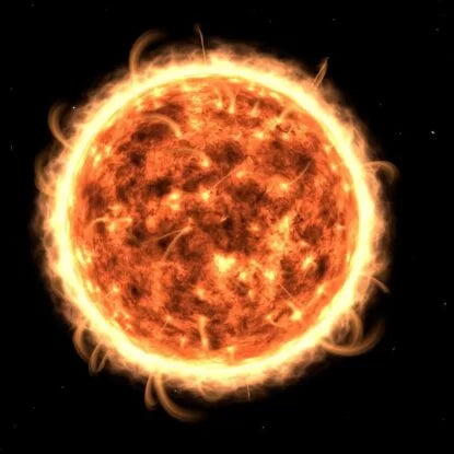 A fiery depiction of the sun emitting intense solar flares and glowing plasma, symbolizing ultraviolet radiation.