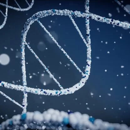 Close-up digital rendering of a DNA double helix structure with sparkling particles, symbolizing cellular biology and genetic regulation