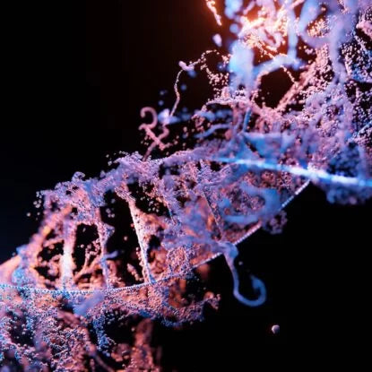 Close-up 3D visualization of a DNA strand with glowing particles, symbolizing the cellular and genetic focus of biohacking tips aimed at optimizing health and longevity.